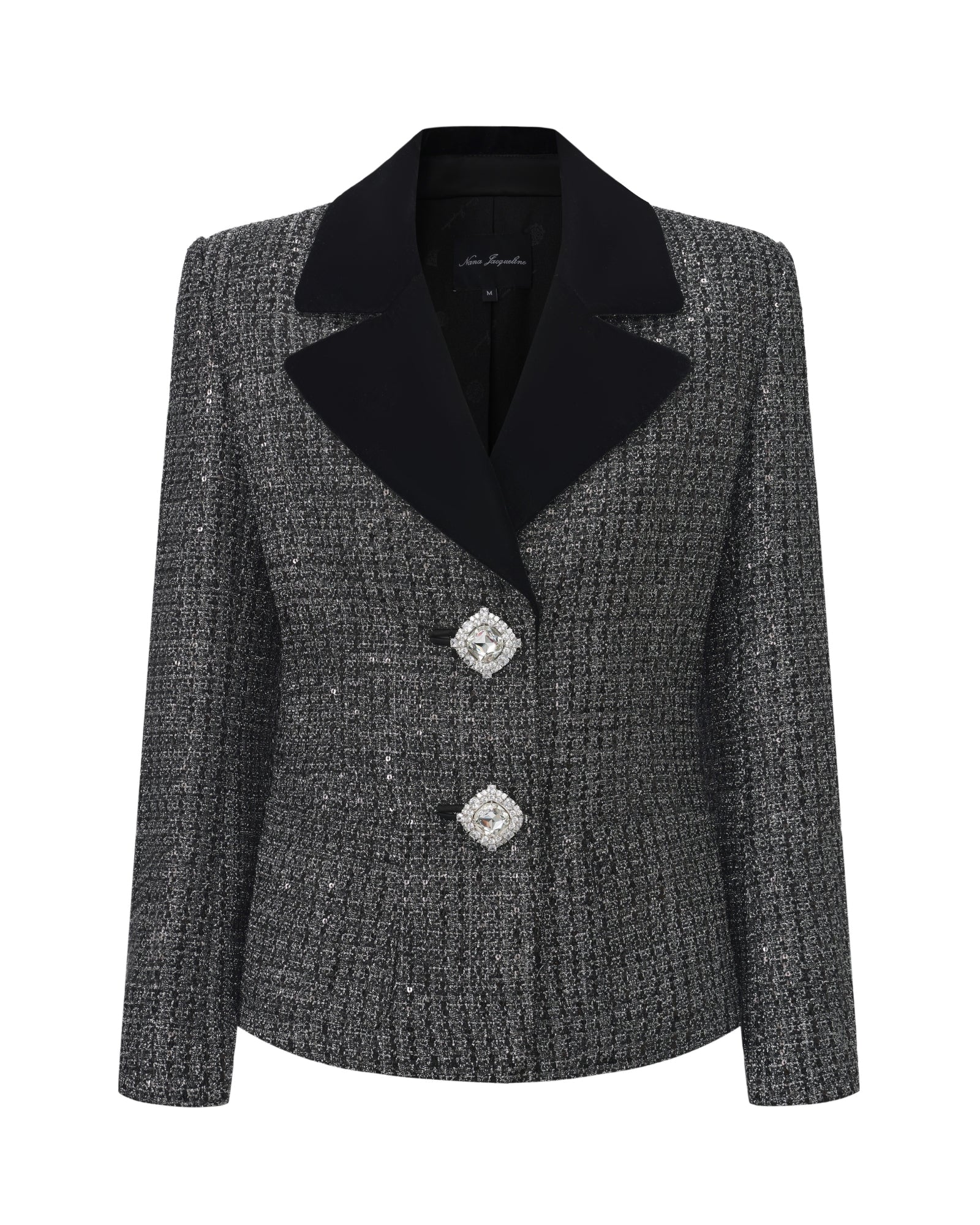 Black and silver jacket with velvet lapel on a white background
