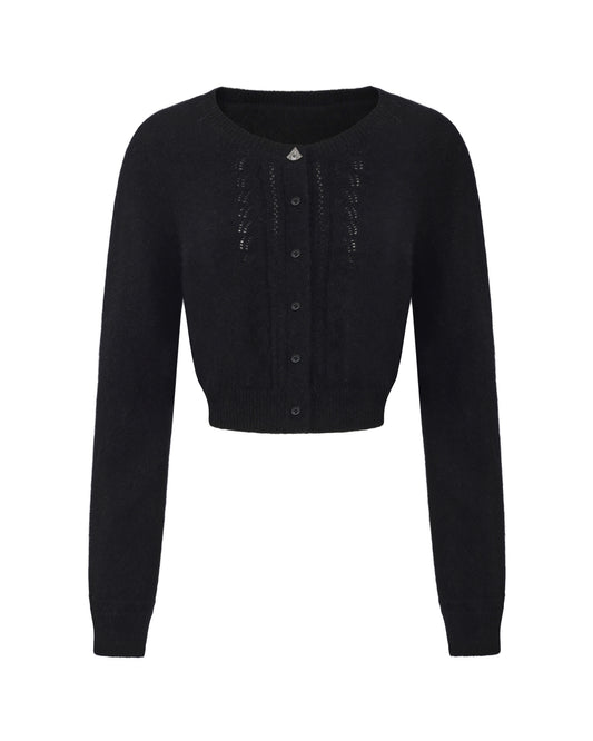 Retro-style black knit cardigan on white background