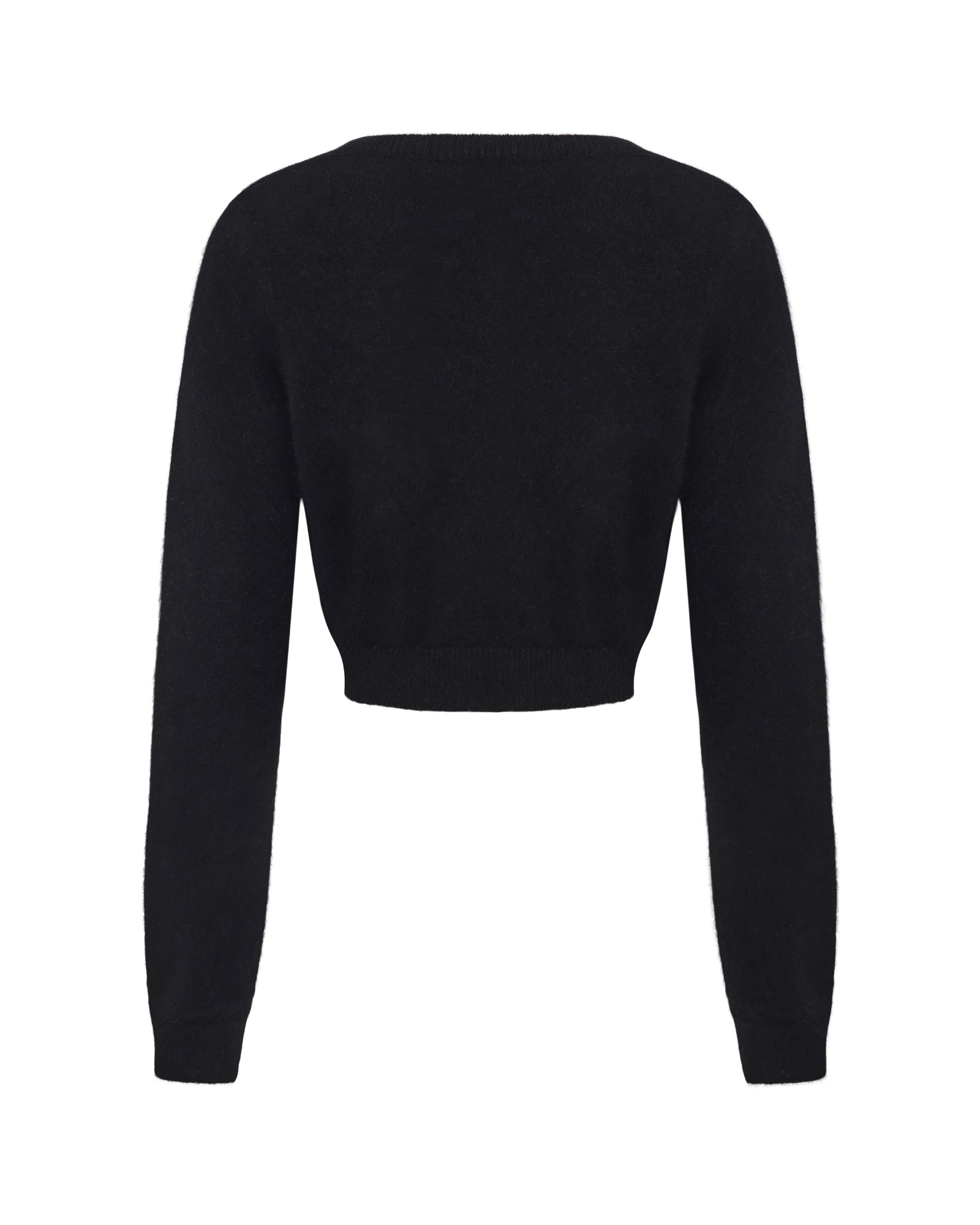 Retro-style black knit cardigan on white background