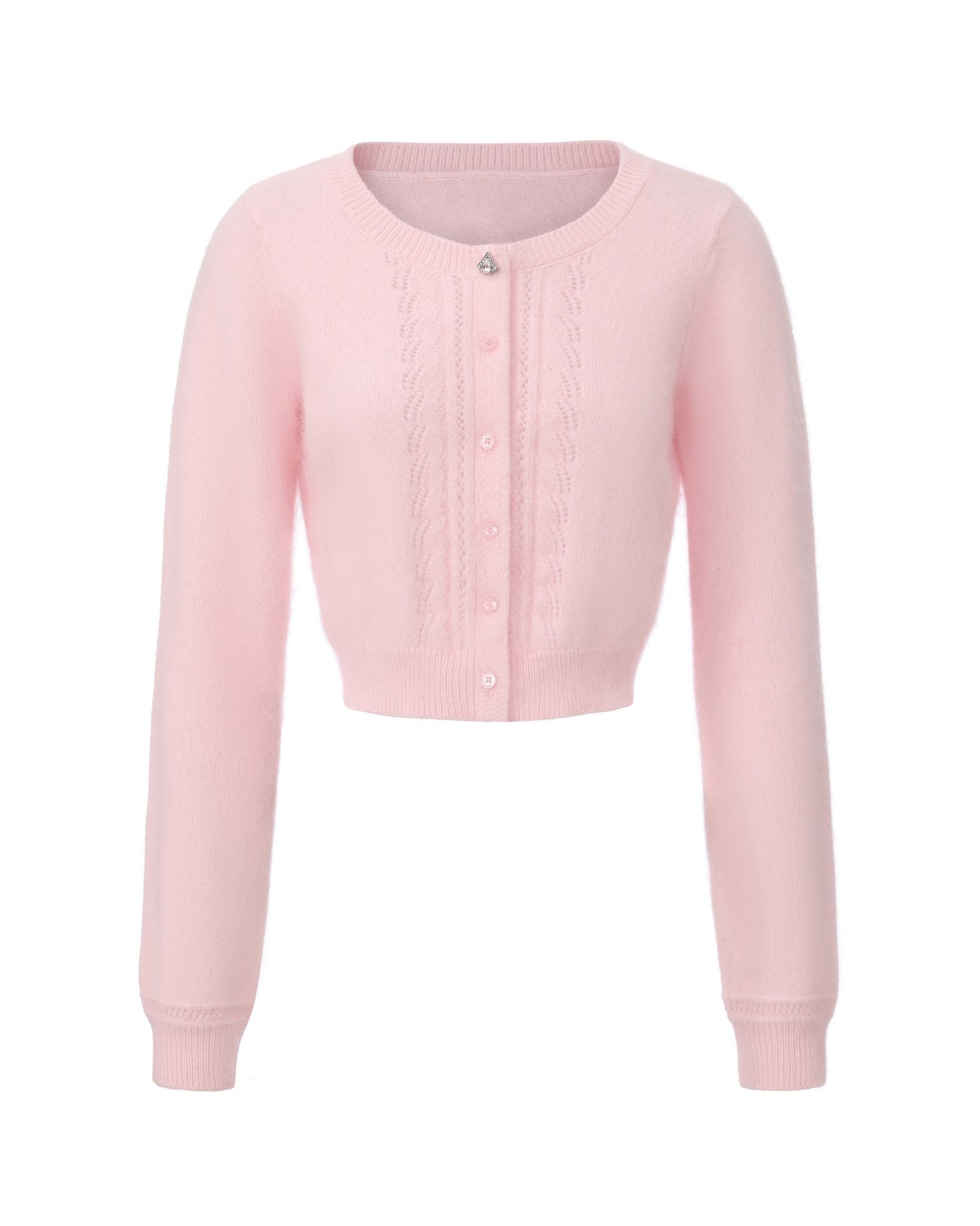Retro-style pink knitted cardigan on a white background