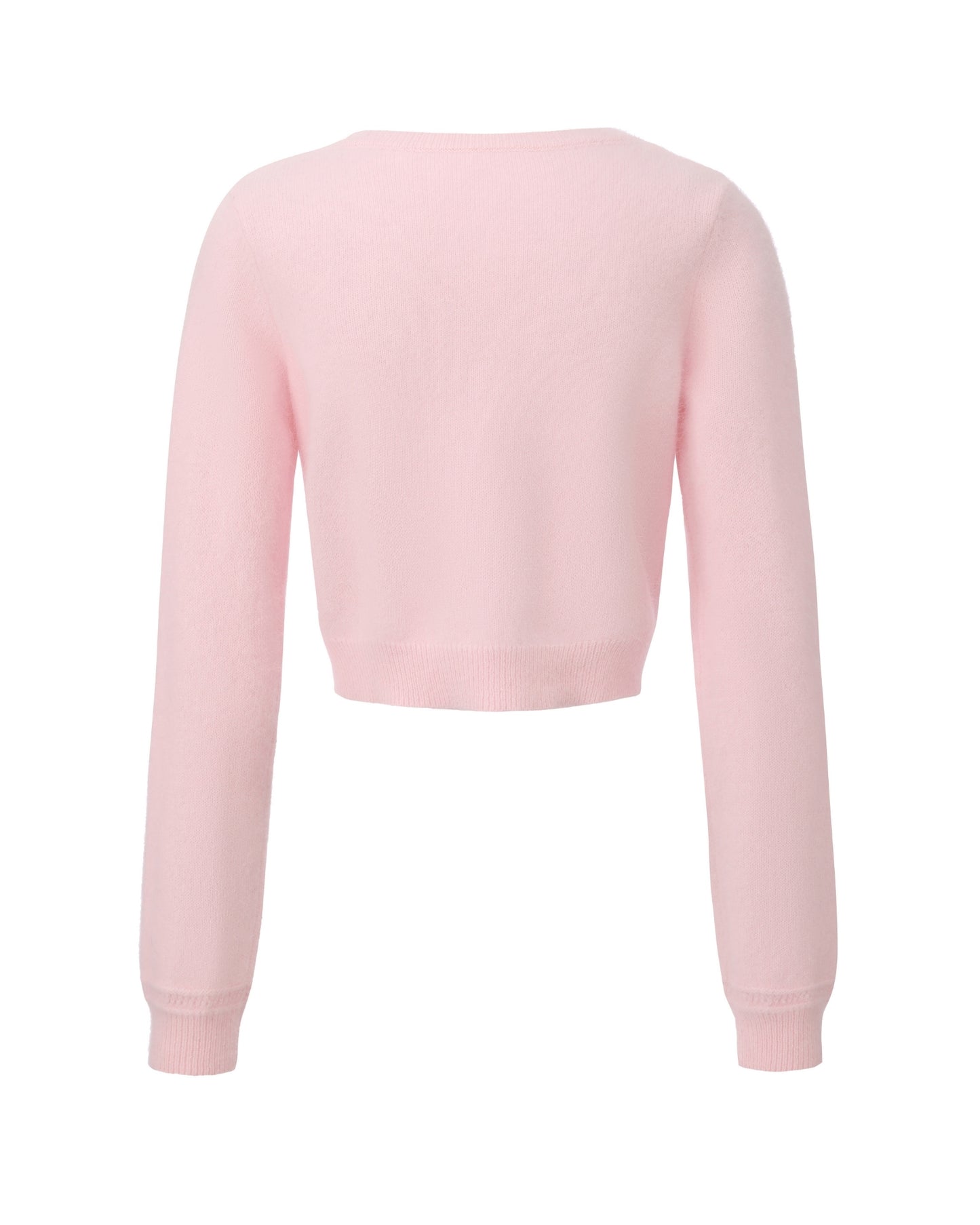 Retro-style pink knitted cardigan on a white background