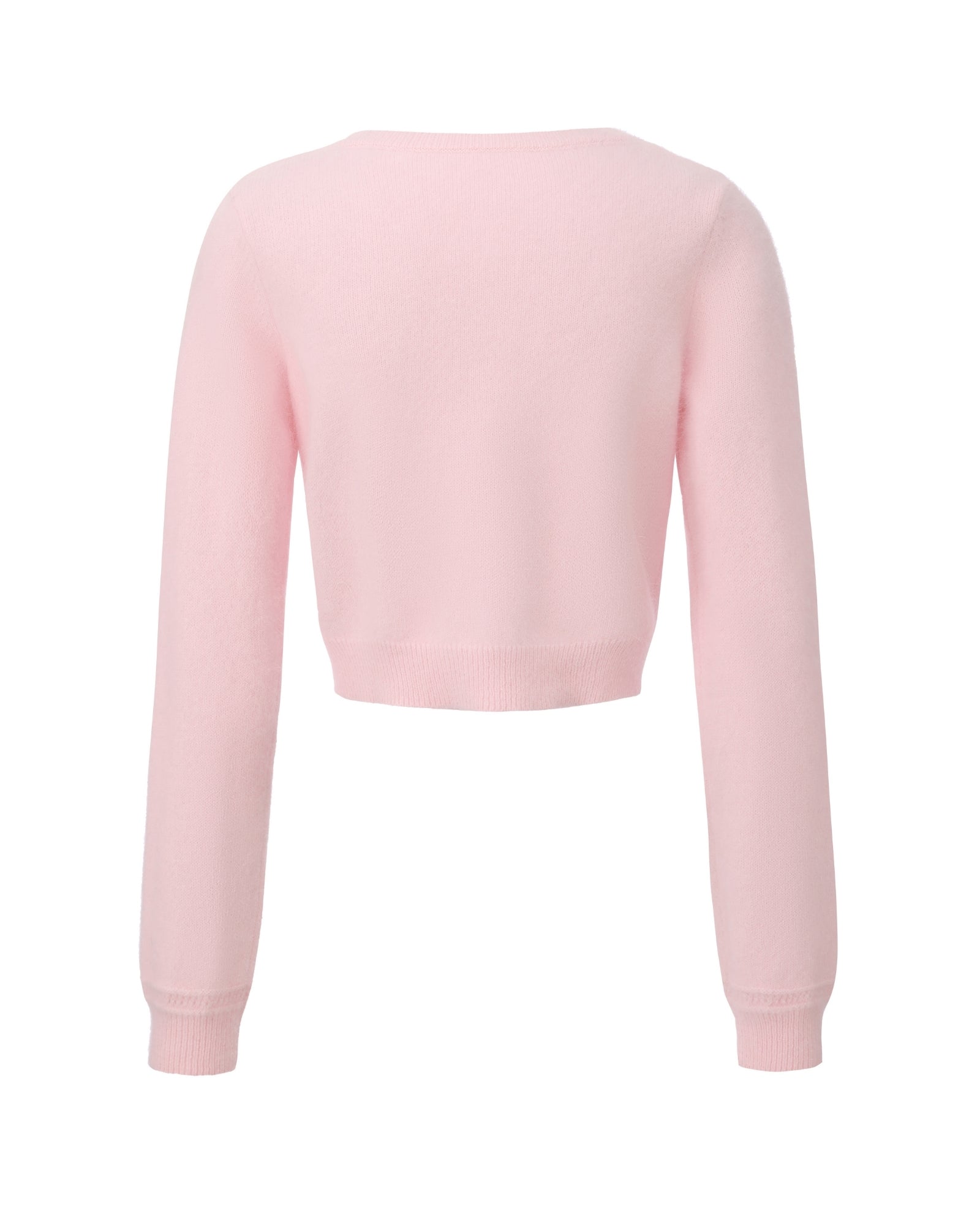 Retro-style pink knitted cardigan on a white background