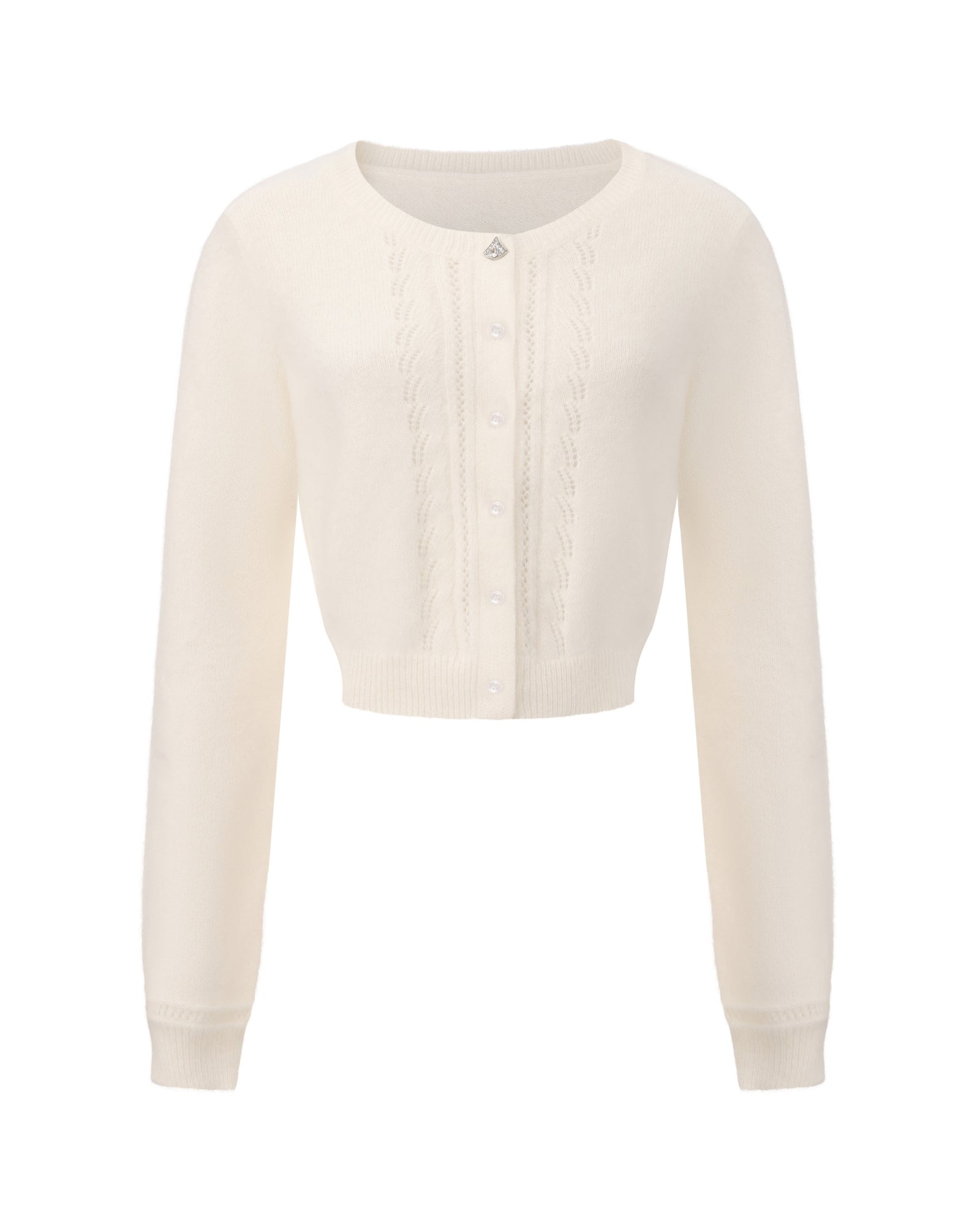 Retro-style white knitted cardigan on  white background