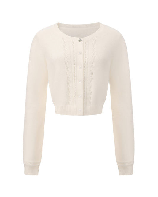 Retro-style white knitted cardigan on  white background