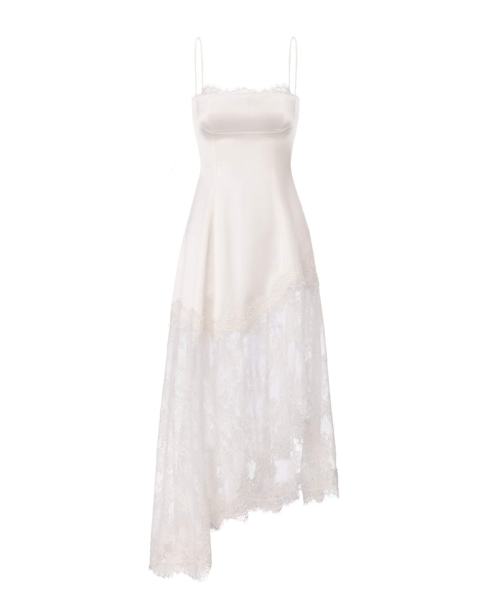 Spaghetti strap satin maxi dress with lace trim on a white background