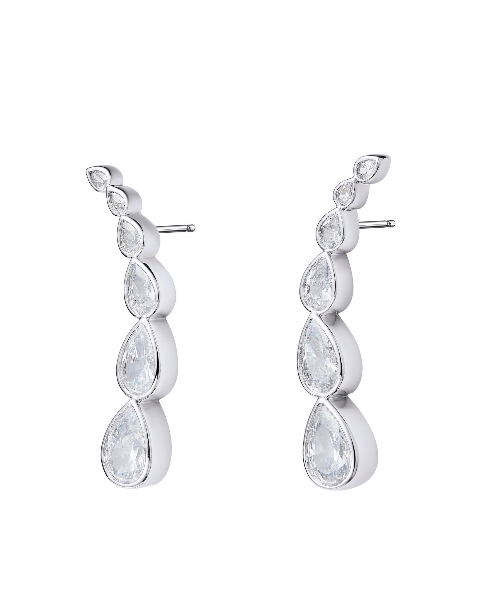 Pair of silver earrings with clear gemstones on a white background