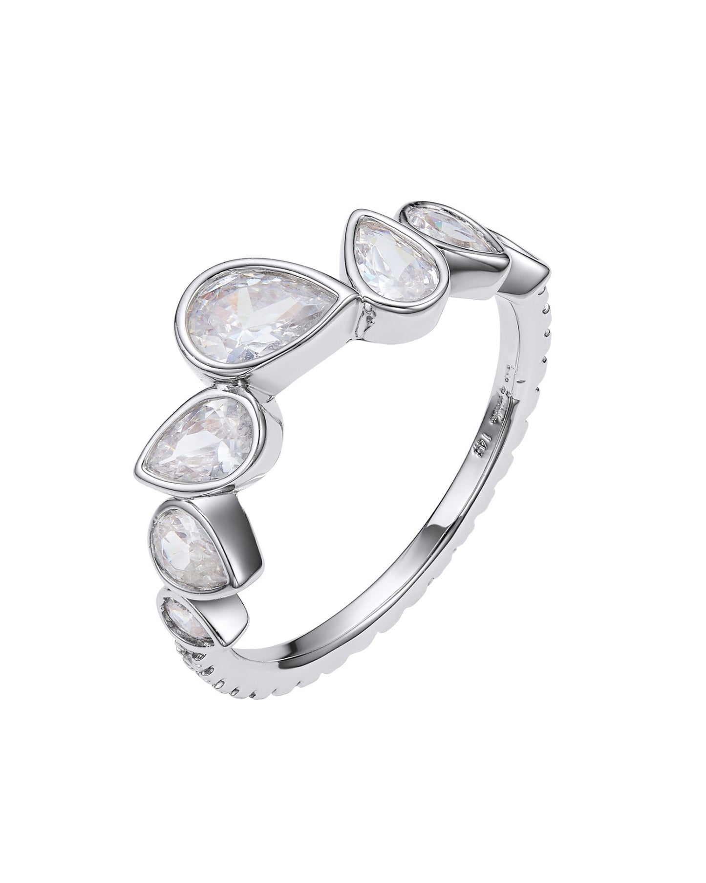 Silver ring with teardrop shaped gemstones on a white background