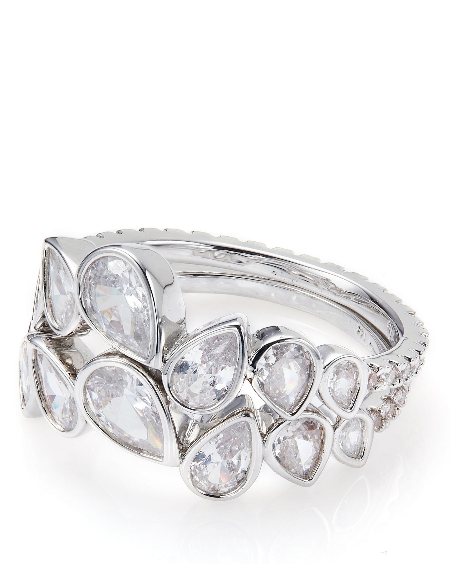 Silver ring with clear teardrop shape gemstones on a white background