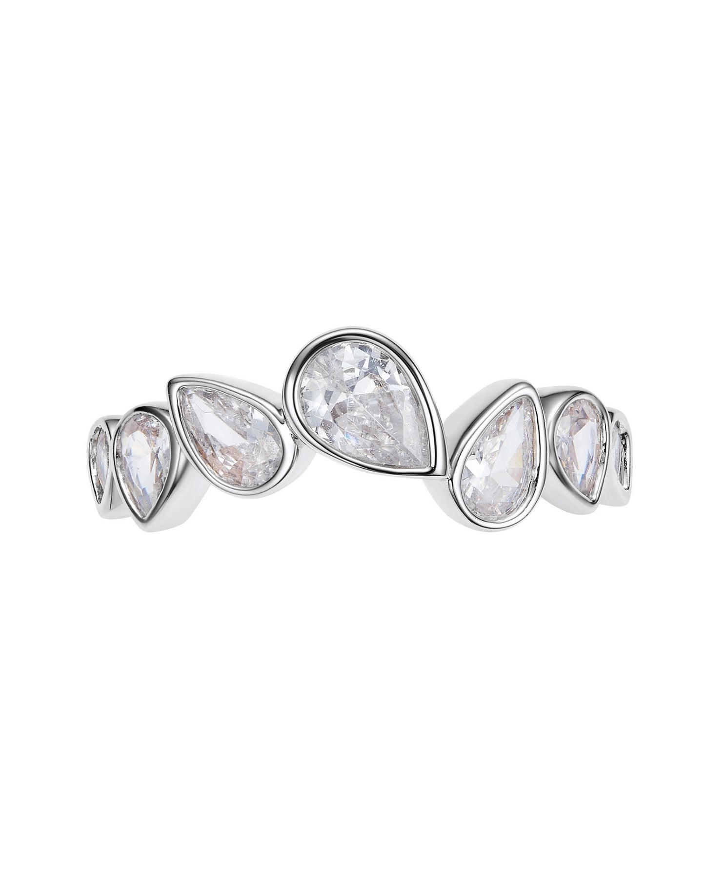 Silver ring with teardrop shaped diamonds on a white background