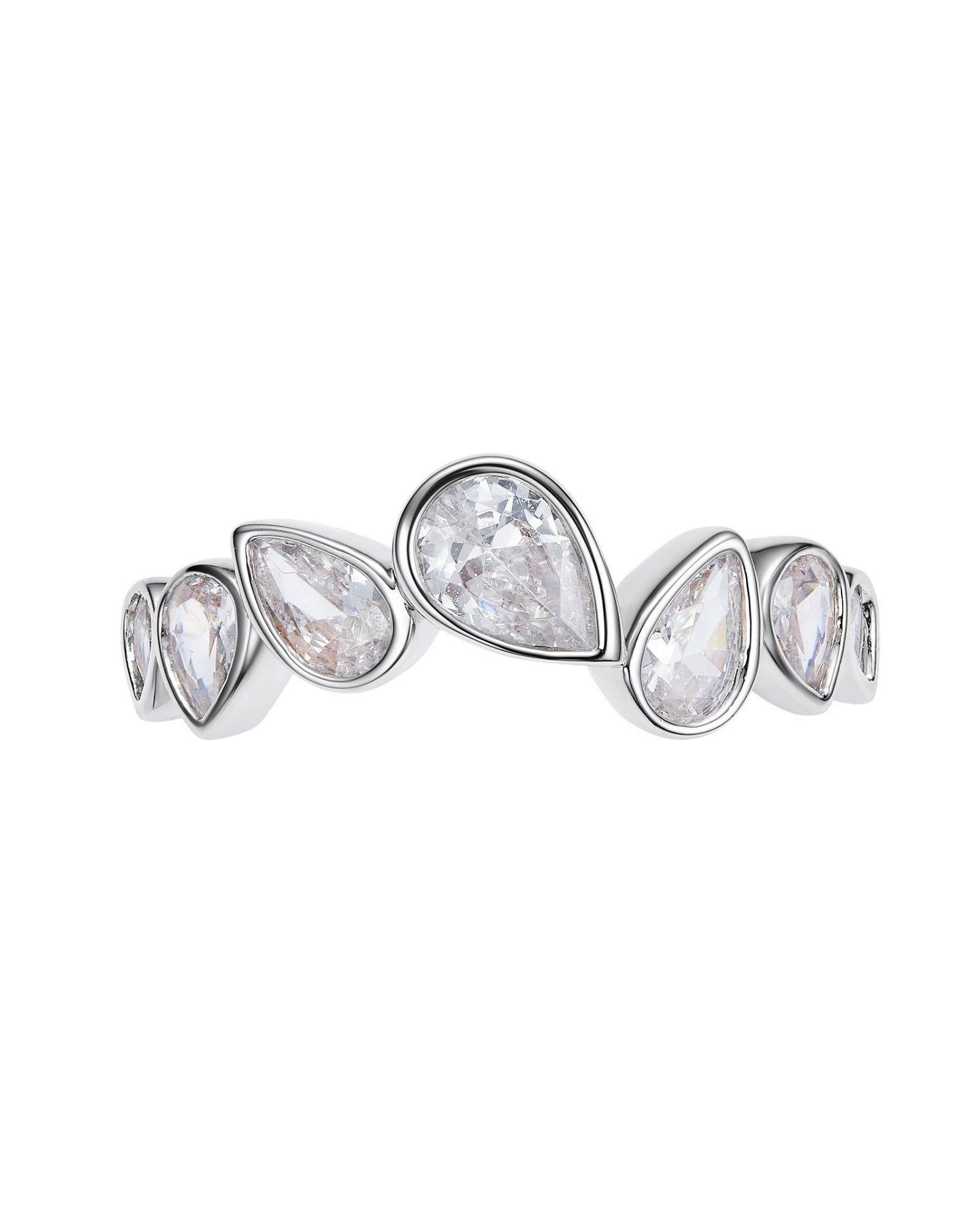 Silver ring with teardrop shaped diamonds on a white background