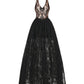 Black halter lace evening gown on a white background