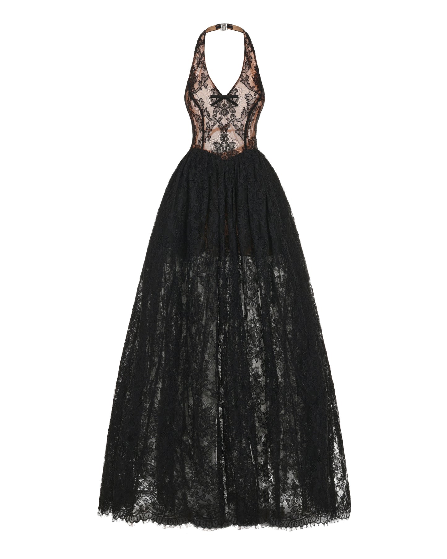 Black halter lace evening gown on a white background