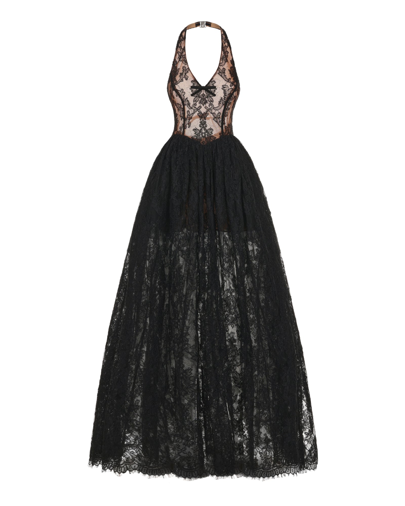 Black halter lace evening gown on a white background