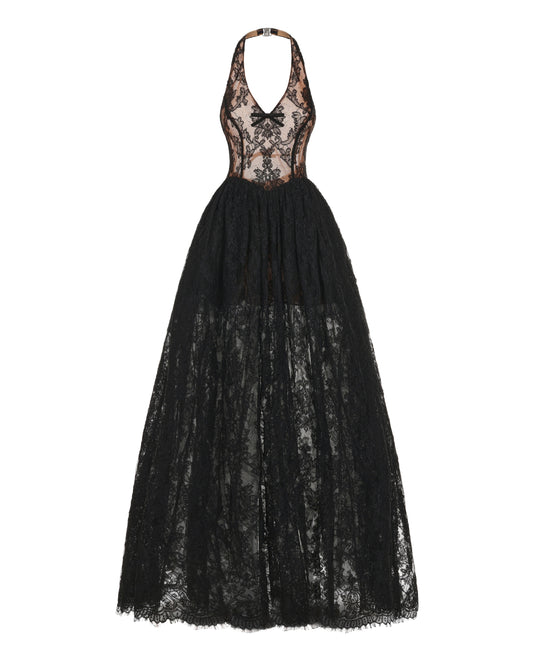 Black halter lace evening gown on a white background