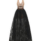 Black lace evening gown on a white background