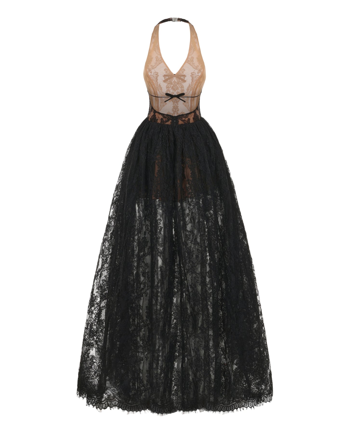 Black lace evening gown on a white background