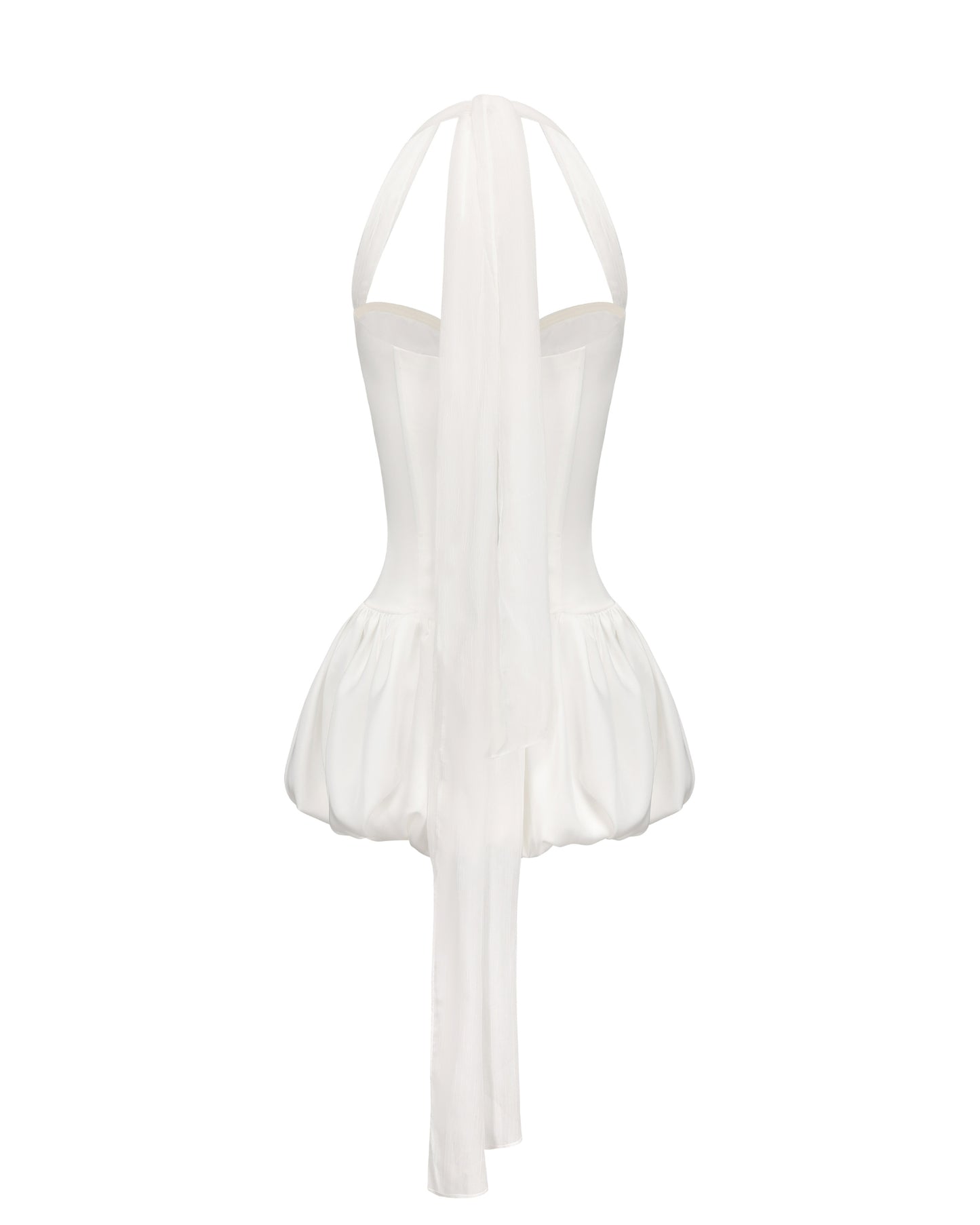 White mini halter dress with thin long straps on a white background