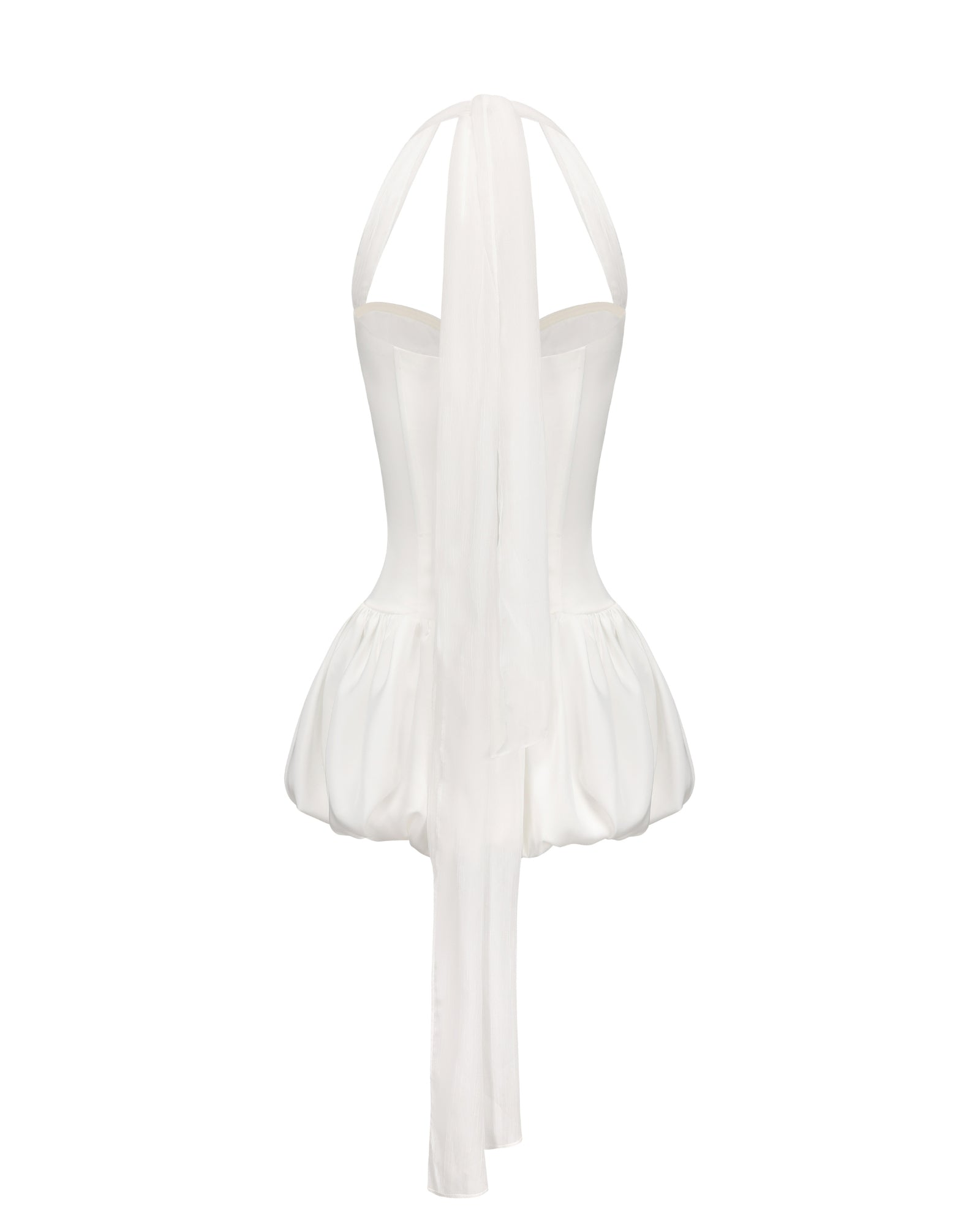 White mini halter dress with thin long straps on a white background