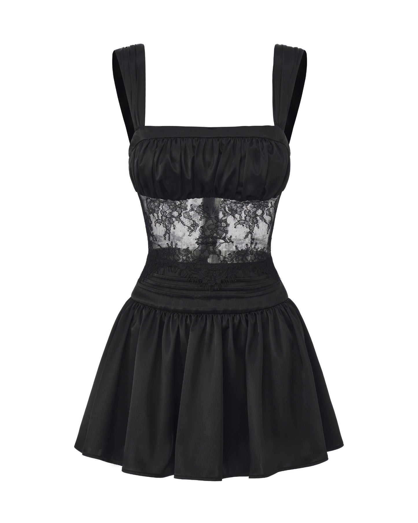 Black satin dress with lace detailing on a white background