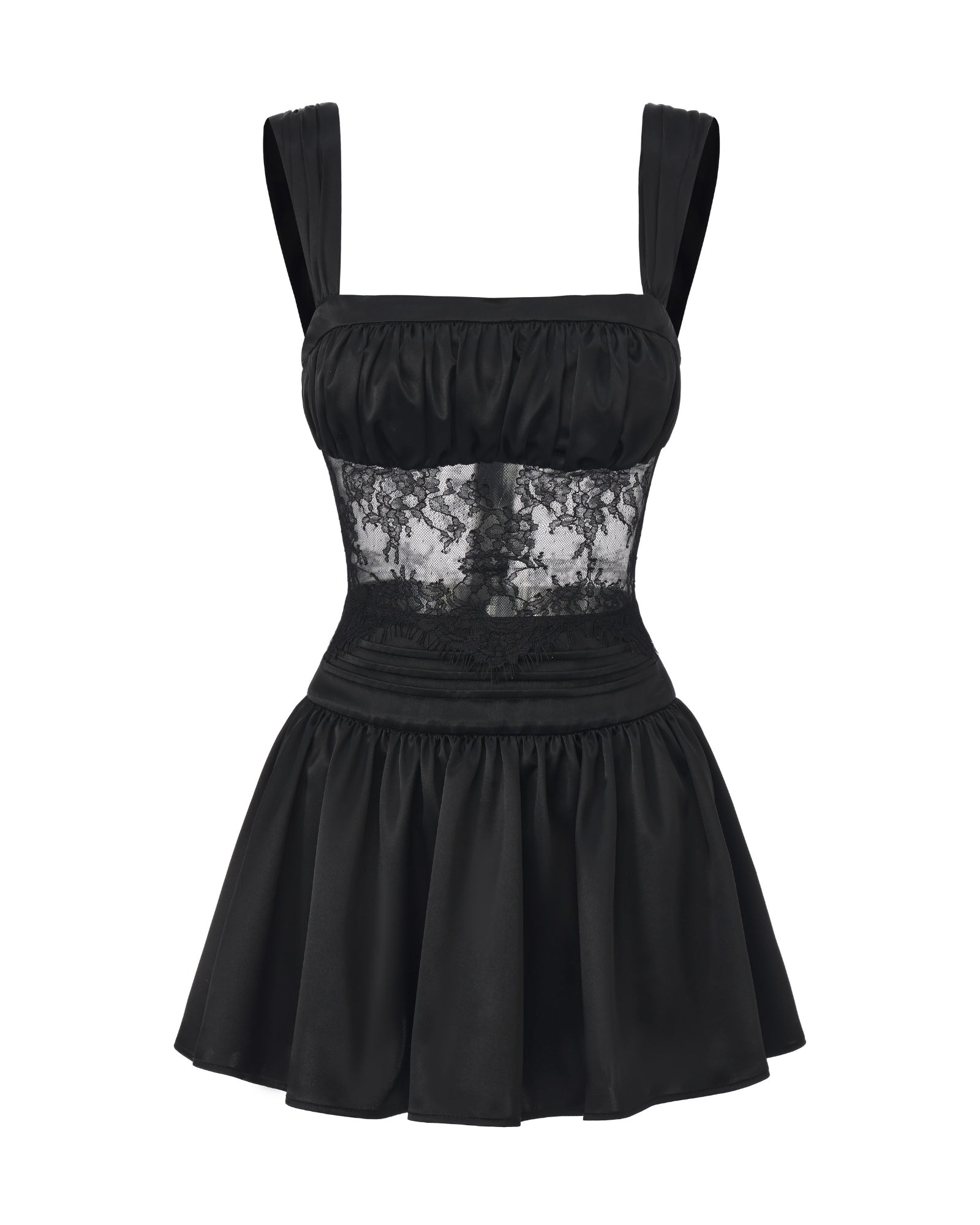 Black satin dress with lace detailing on a white background