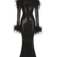 Black sequin maxi dress with feathered shoulders on a white background