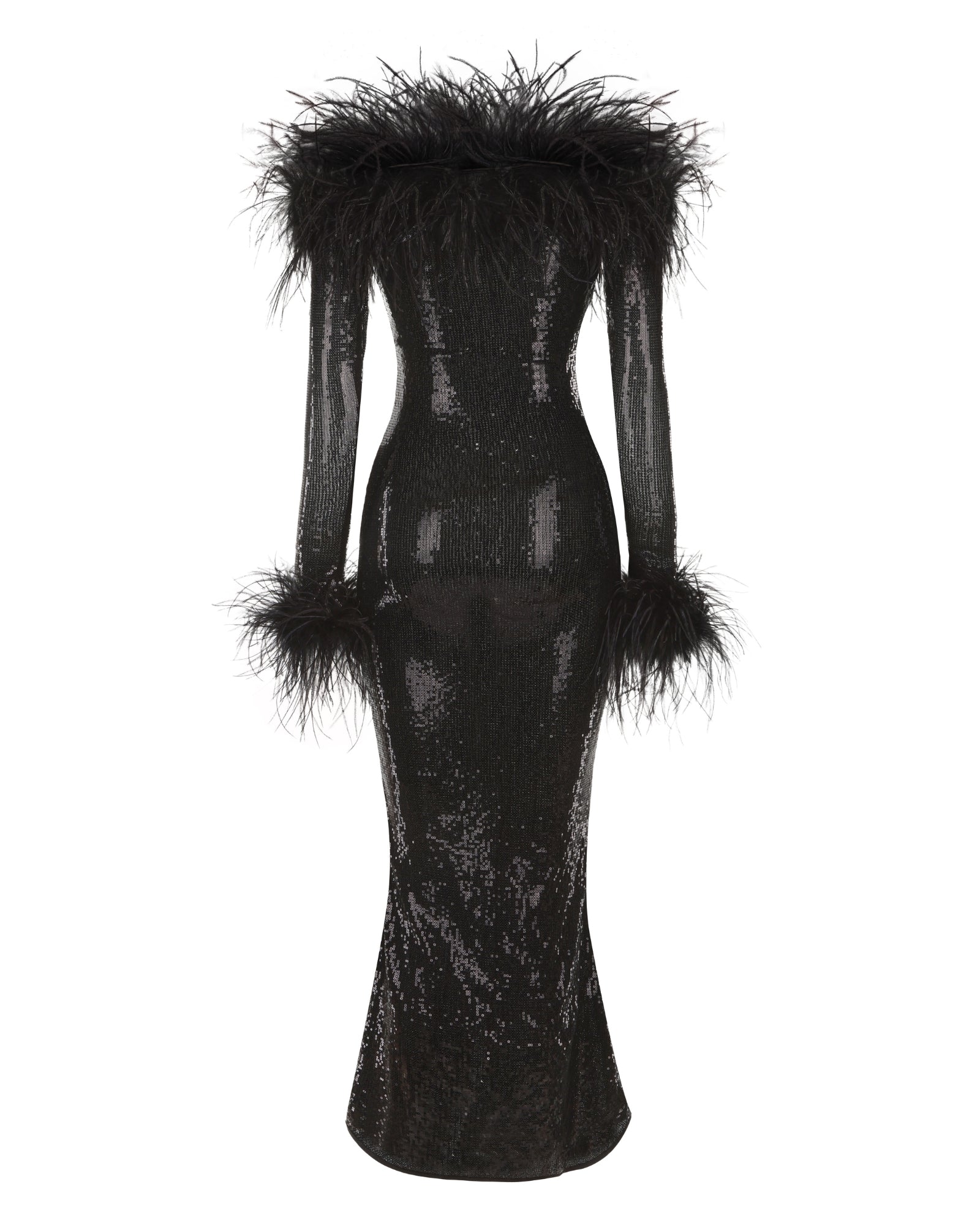 Black sequin maxi dress with feathered shoulders on a white background