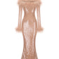 Beige sequin maxi dress with feathered shoulders on a white background
