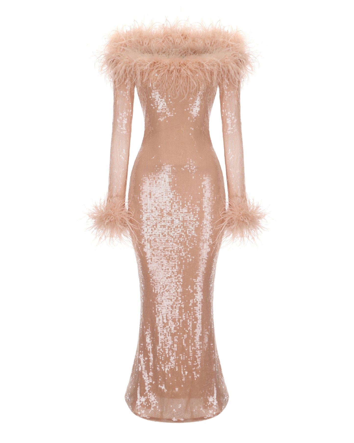Beige sequin maxi dress with feathered shoulders on a white background