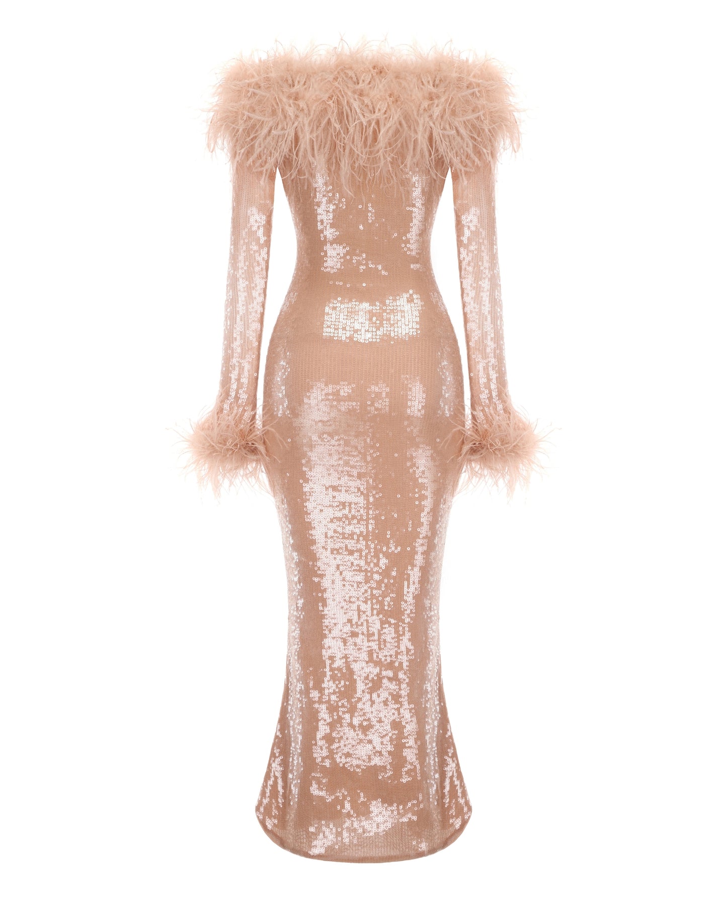Beige sequin dress with feathered shoulders on a white background