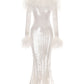 White sequin maxi dress with feathered sleeves and shoulders on a white background
