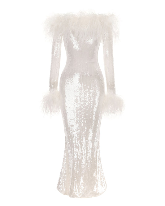 White sequin maxi dress with feathered sleeves and shoulders on a white background