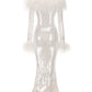 White sequin maxi dress with feathered shoulders on a white background