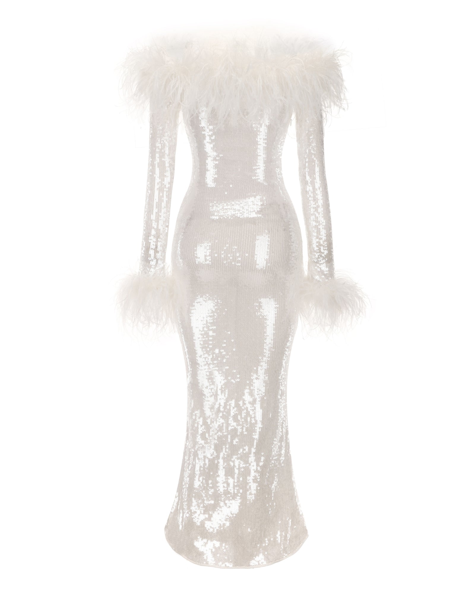 White sequin maxi dress with feathered shoulders on a white background