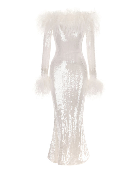 long sleeve white sequin maxi dress Neva Sequin Maxi Dress: White Maxi Dress for Wedding After-Party