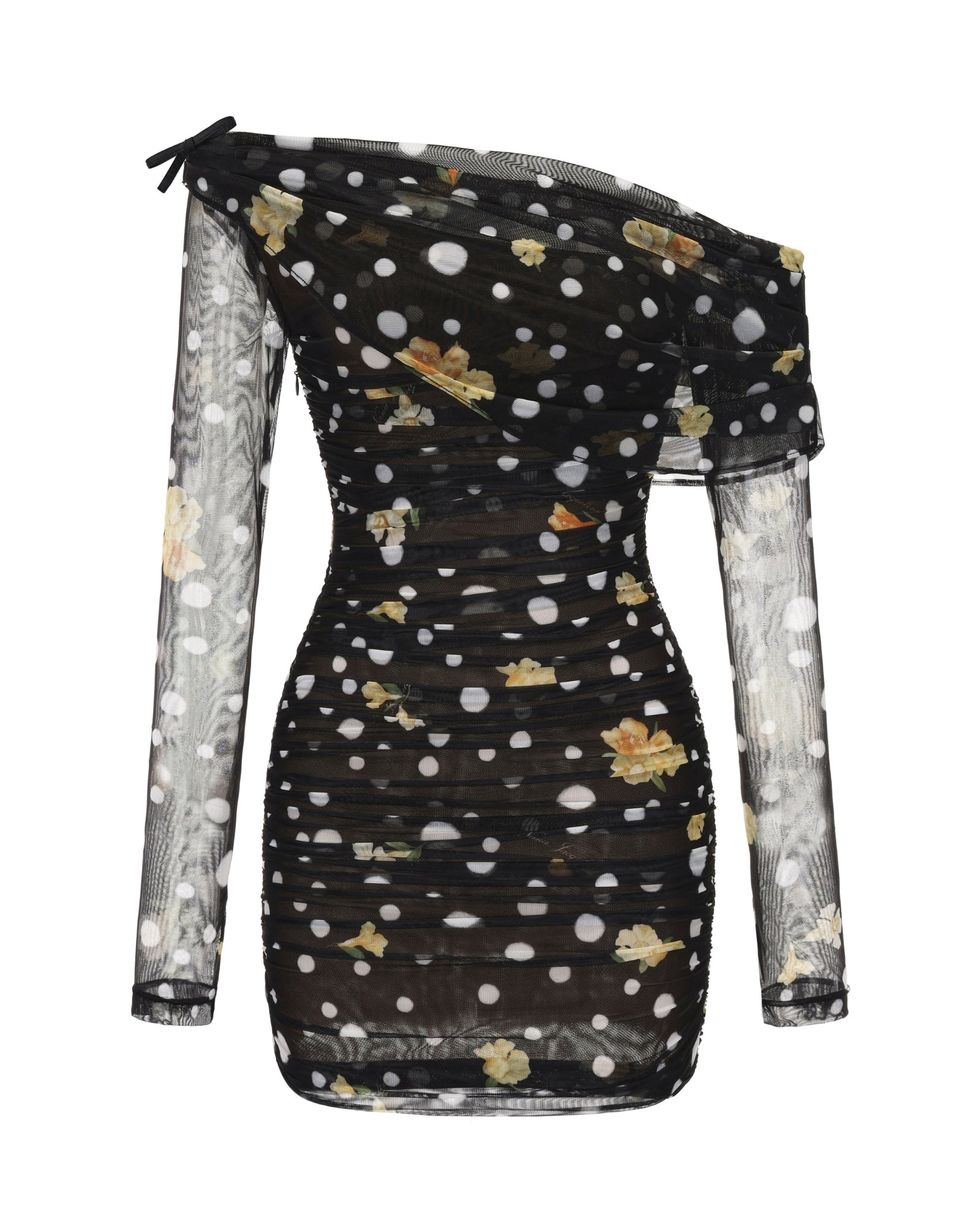 Black dress with floral pattern on a white background