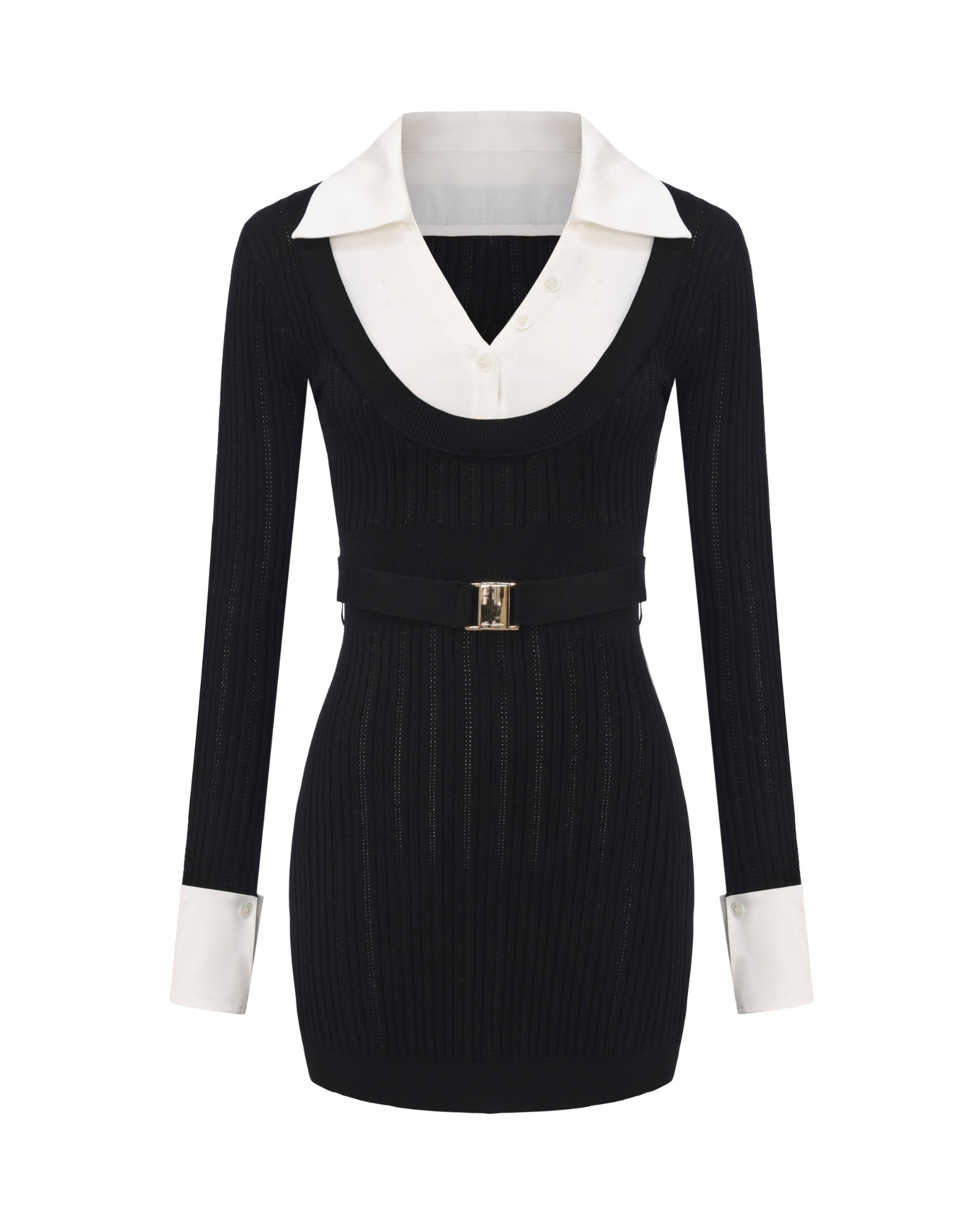 Black knit dress with white collar and cuffs on a white background