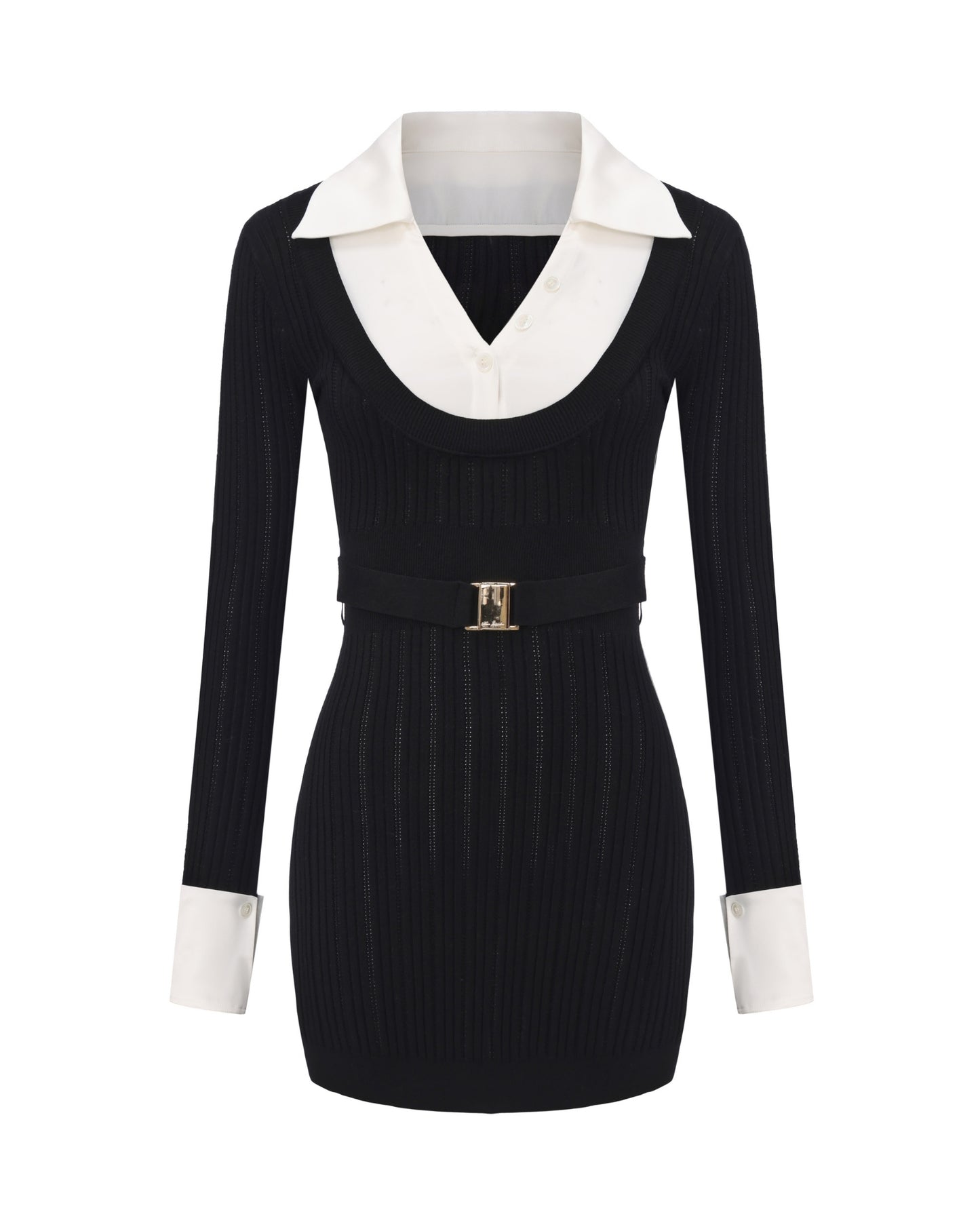 Black knit dress with white collar and cuffs on a white background
