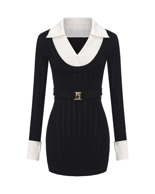 Black knit dress with white collar and cuffs on a white background