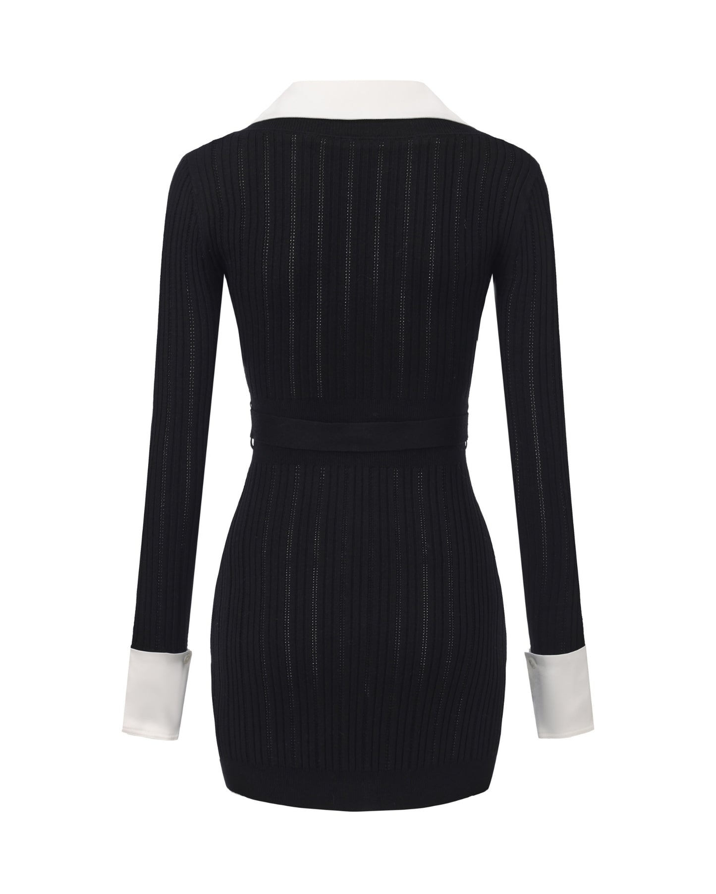 Black knit dress with white cuffs and collar on a white background