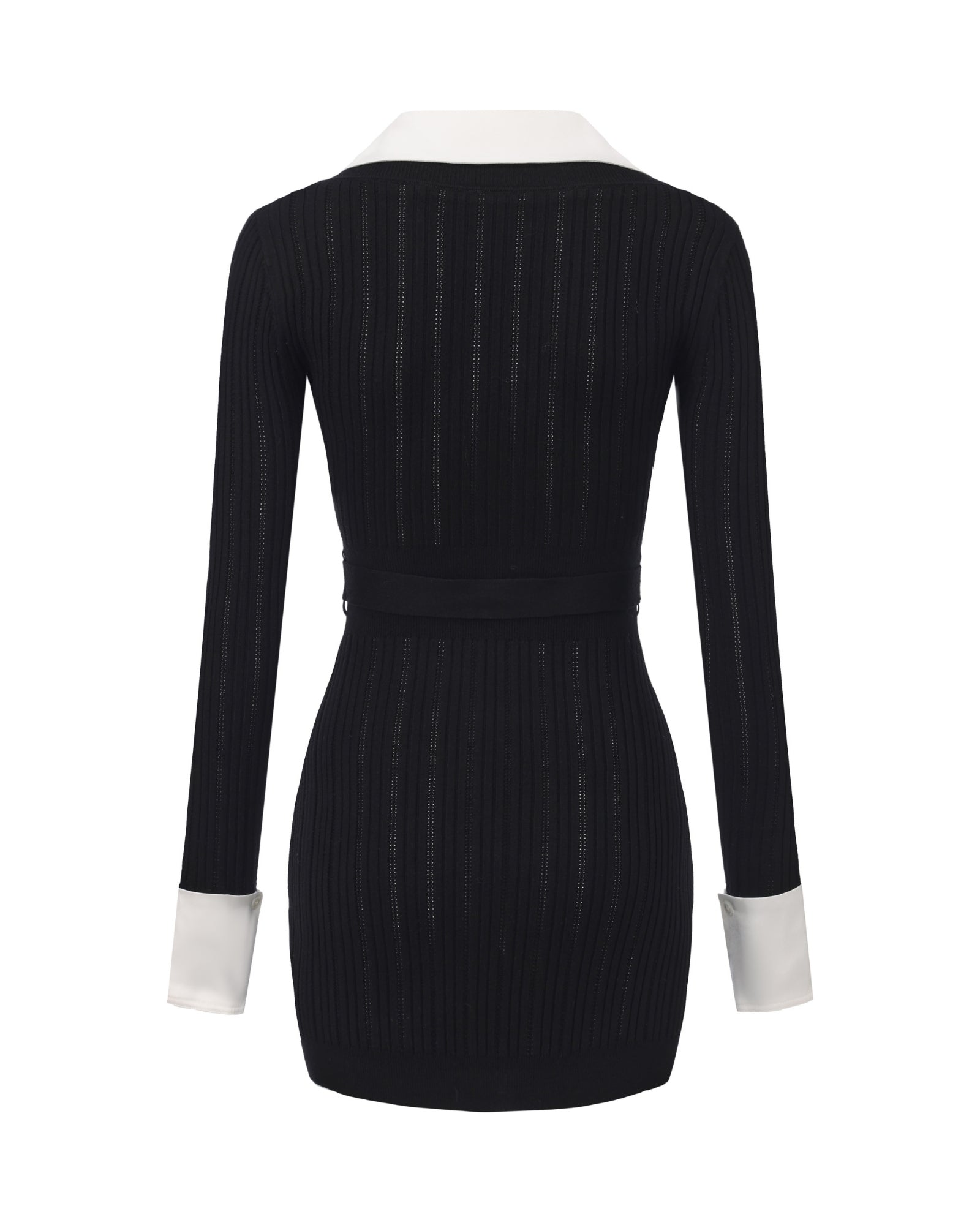 Black knit dress with white cuffs and collar on a white background