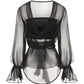 Black sheer blouse with long sleeves on a white background