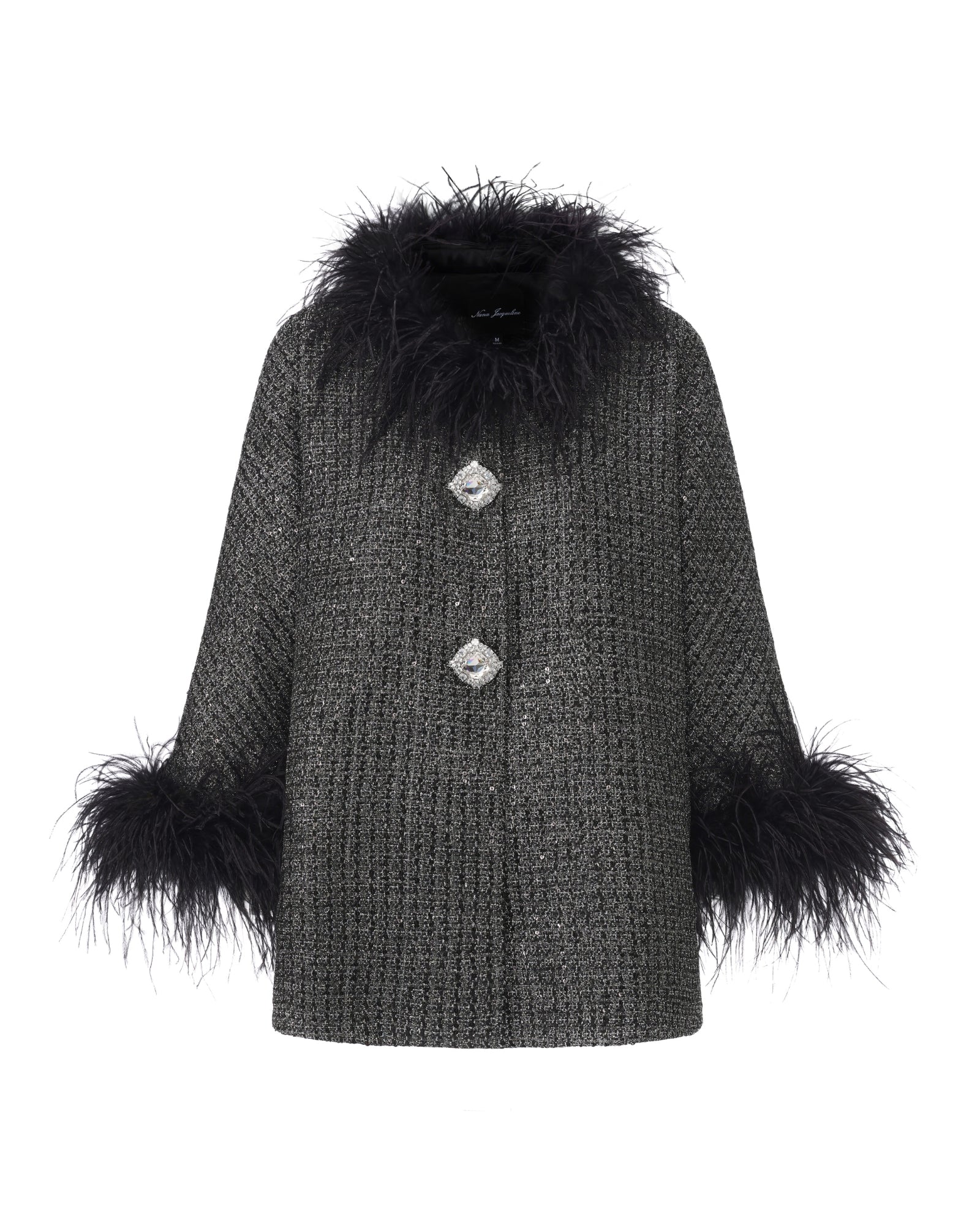 Gray textured coat with black fur trim on sleeves and collar on a white background