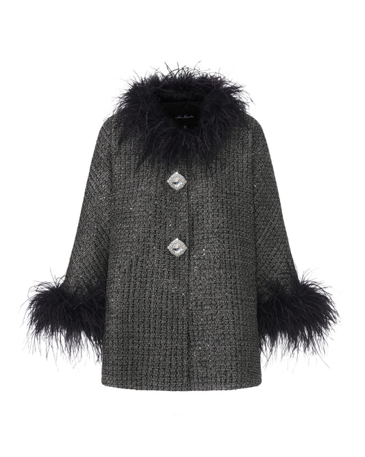 Gray textured coat with black fur trim on sleeves and collar on a white background
