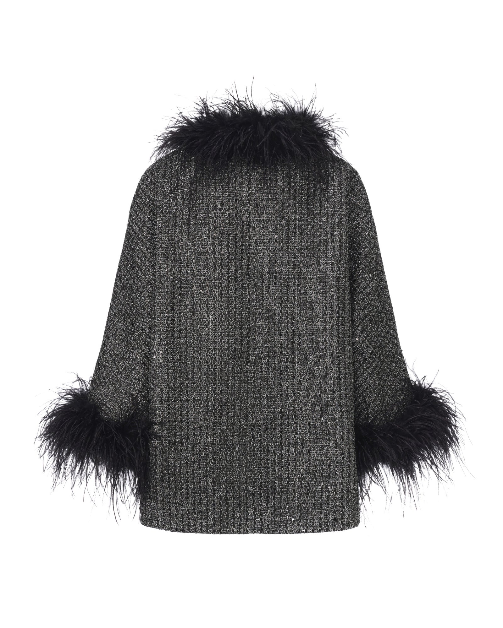 Gray textured coat with black fur trim on sleeves and collar against a white background