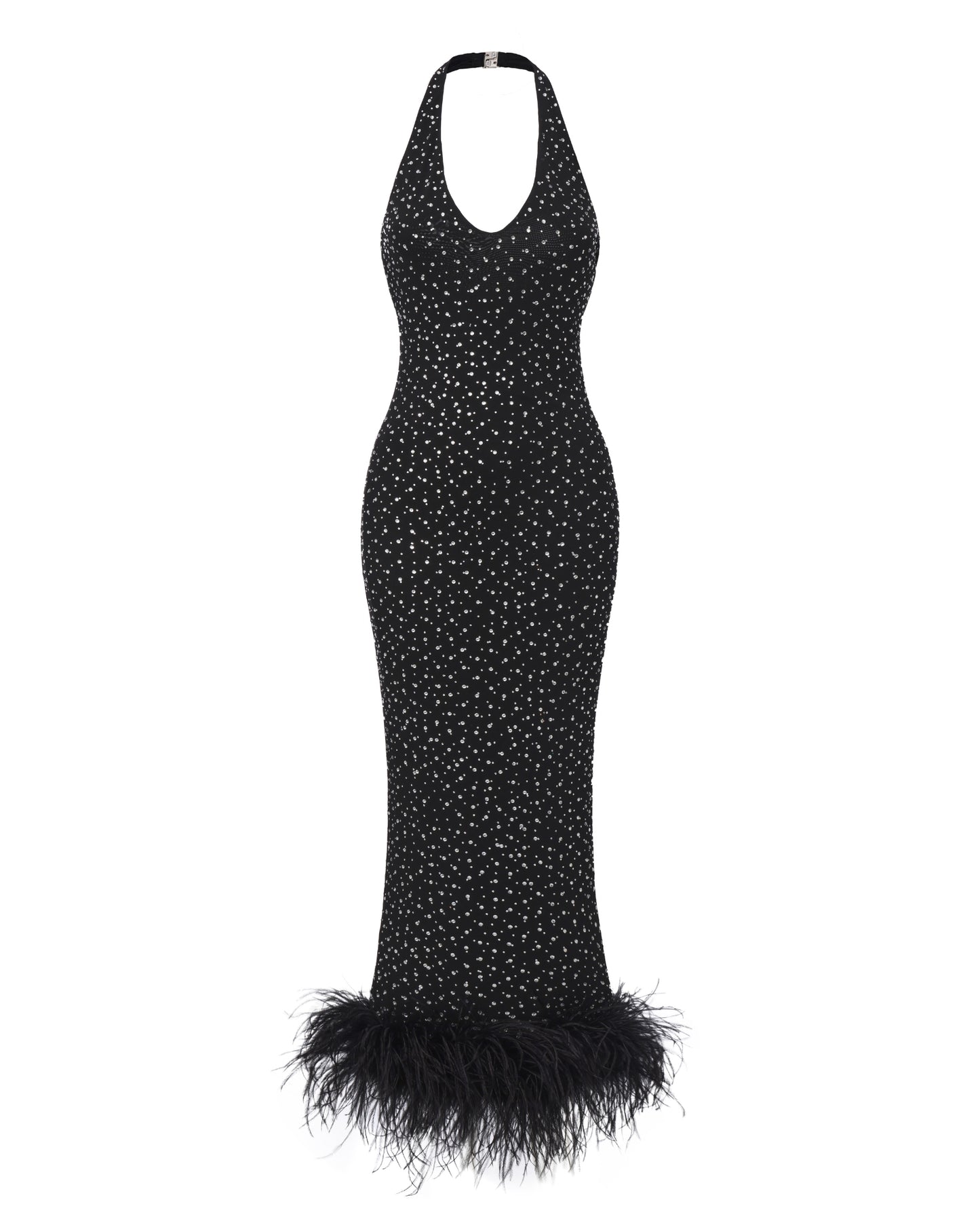 Black halter diamond maxi dress with feathered hem on a white background