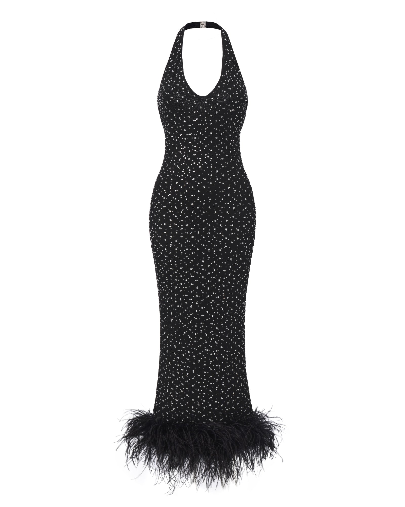Black halter diamond maxi dress with feathered hem on a white background