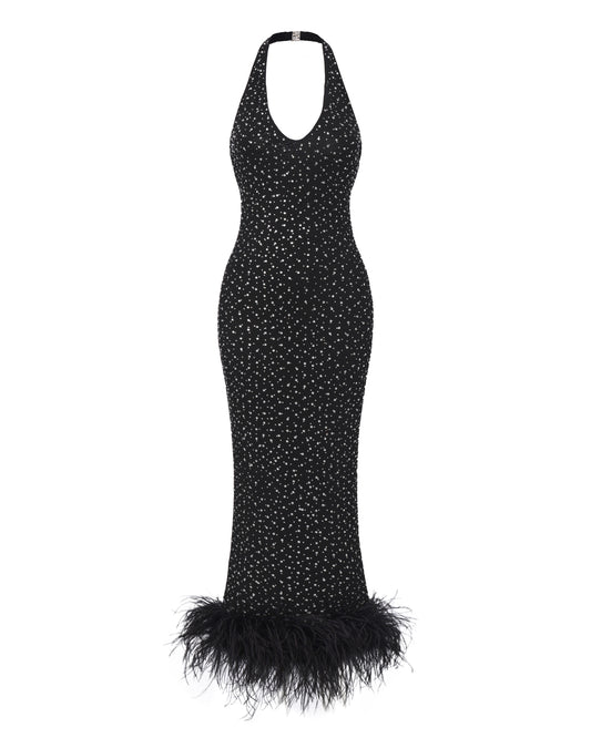 Black halter diamond maxi dress with feathered hem on a white background