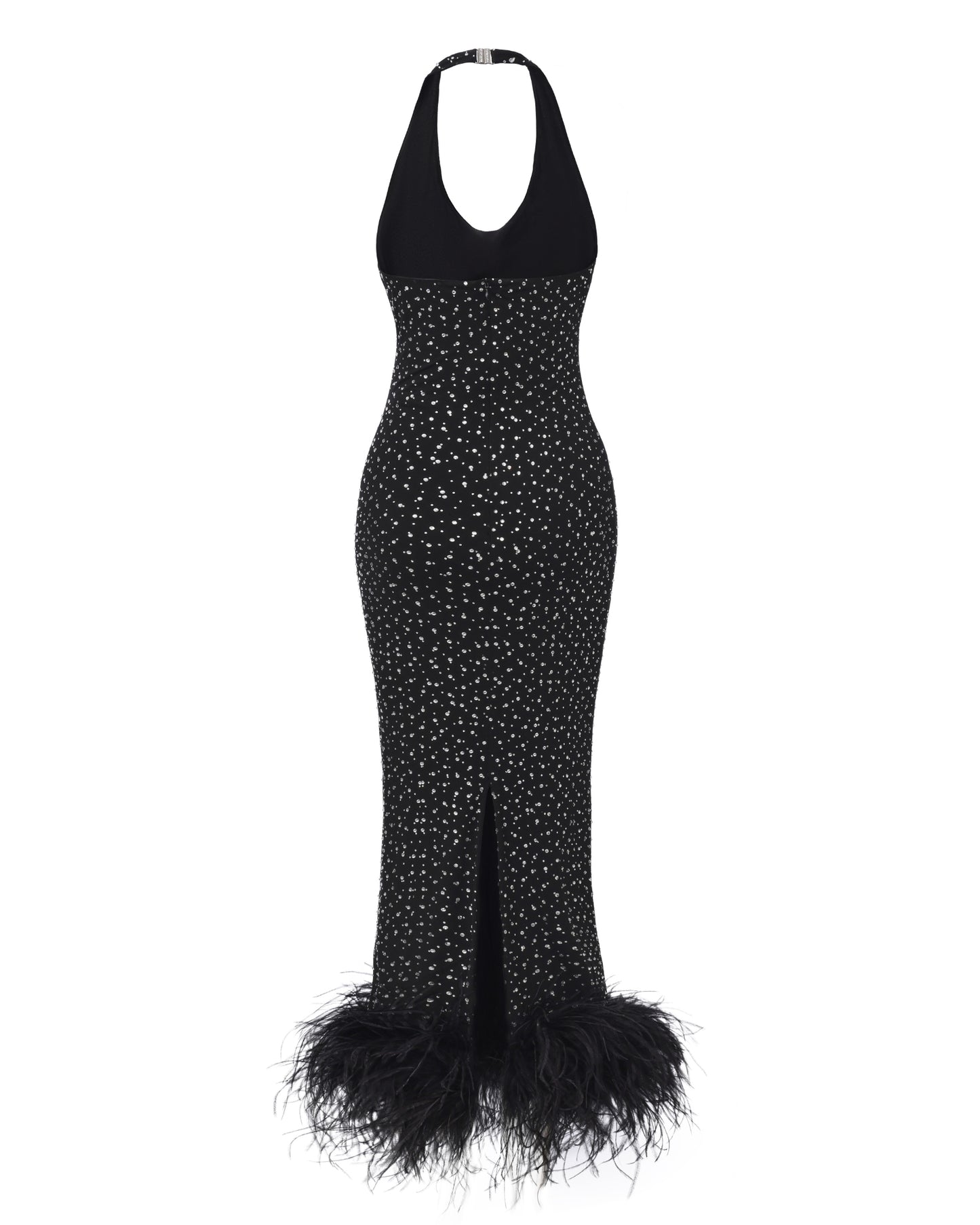 Black halter diamond maxi dress with feathered hem on a white background
