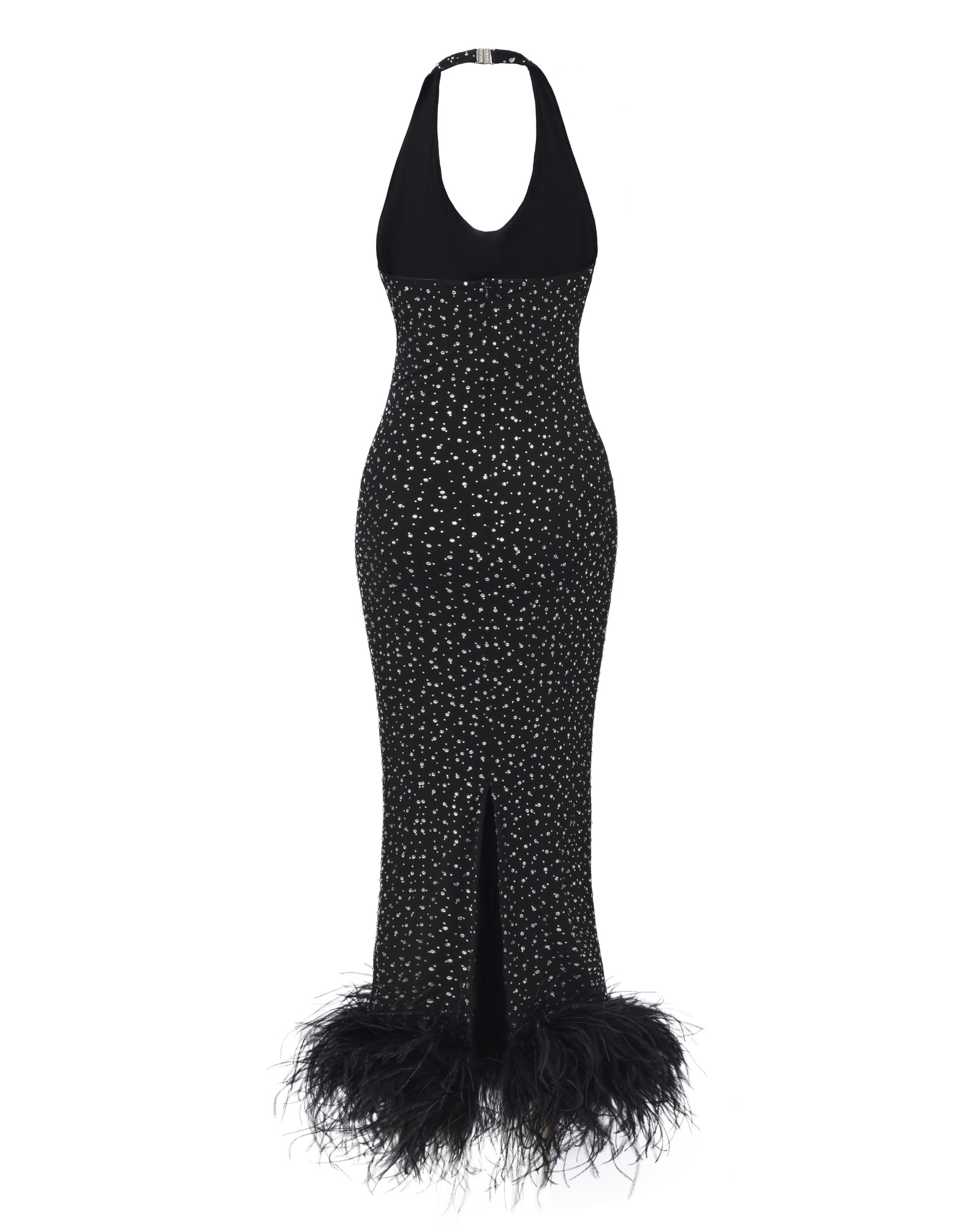 Black halter diamond maxi dress with feathered hem on a white background