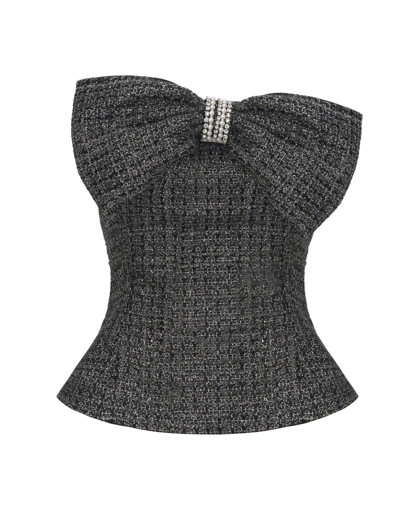 Black and silver textured sleeveless top with a bow detail on a white background